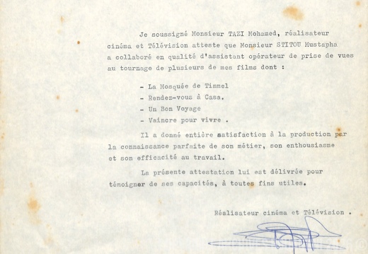 Attestation 1 pour Mustapha Stitou Assistant Operateur