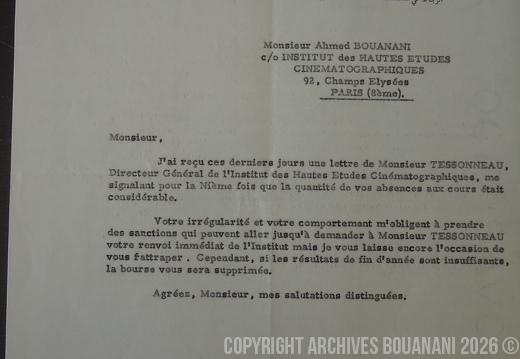 1962 04 17 Lettre Ghannam Bouanani Menace renvoi