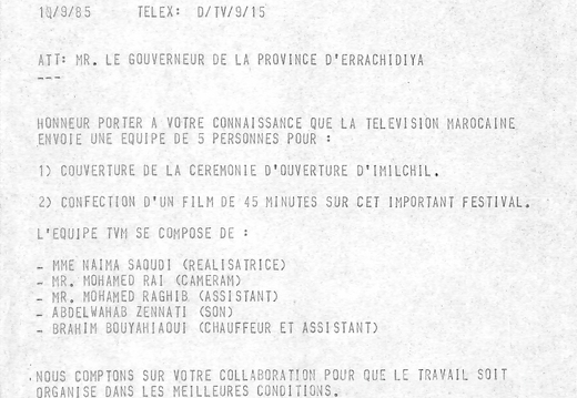 TELEX TV signe Sail pour le tournage d Imilchil