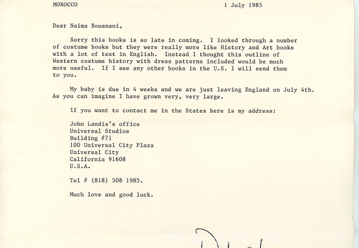 Lettre de Deborah Landis1.07.1985